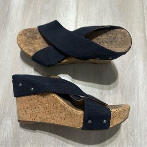 Lucky Brand Mykayla Navy Blue Cork Wedge Sandals Sz 7.5